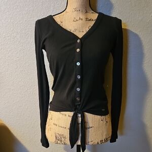 Black Fitted Button Down Shirt with Tie Front